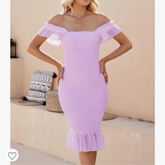 NWT FARORO Bodycon Casual Puff Sleeve Smocked Midi Dress - Picture 4 of 10